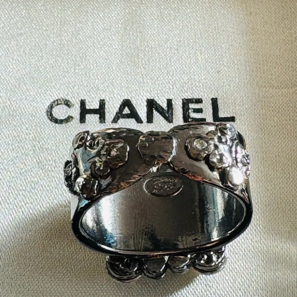 CHANEL Silver and Black Crystal Ring